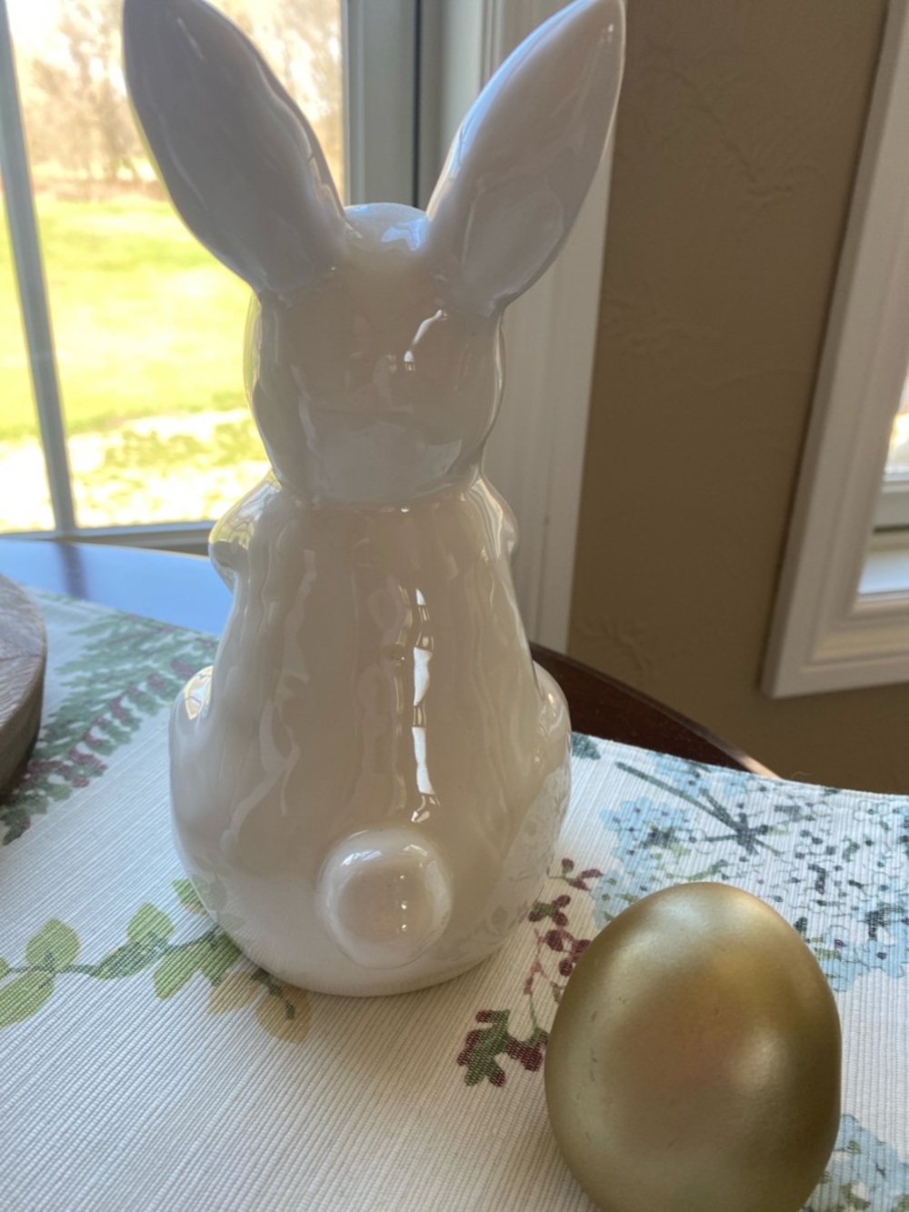 Ceramic White Bunny Figurine with Gold Accent Egg & wooden bunny decor - Picture 5 of 10